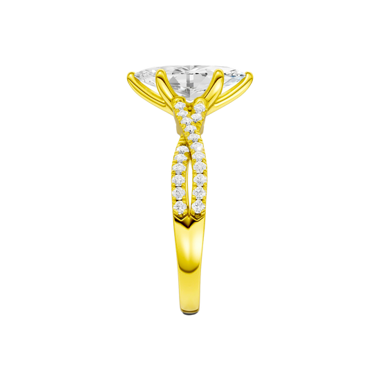 Side view of the Marquise cut diamond engagement ring in 14k yellow gold with a prong diamond band and twist setting