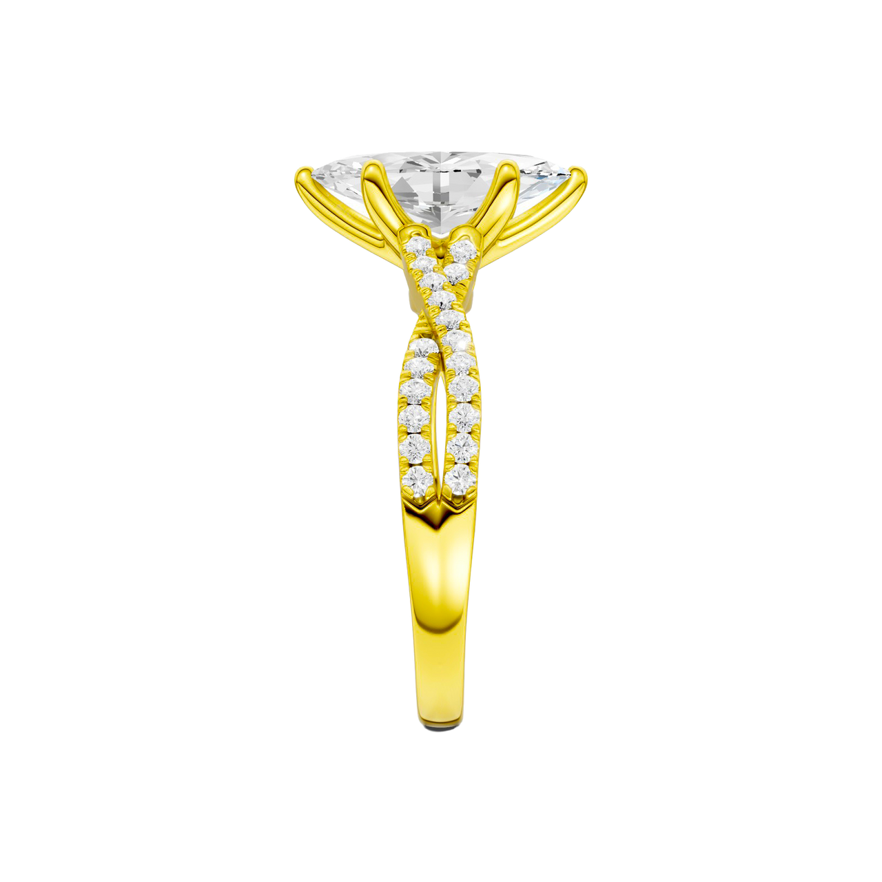 Side view of the Marquise cut diamond engagement ring in 14k yellow gold with a prong diamond band and twist setting