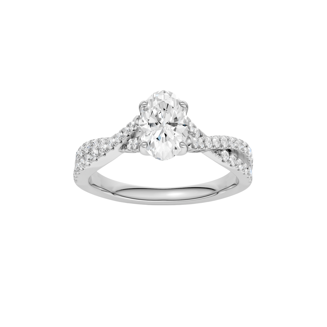 A top view of 14K white gold Amorati Vignette oval diamond solitaire with prong setting and diamond band