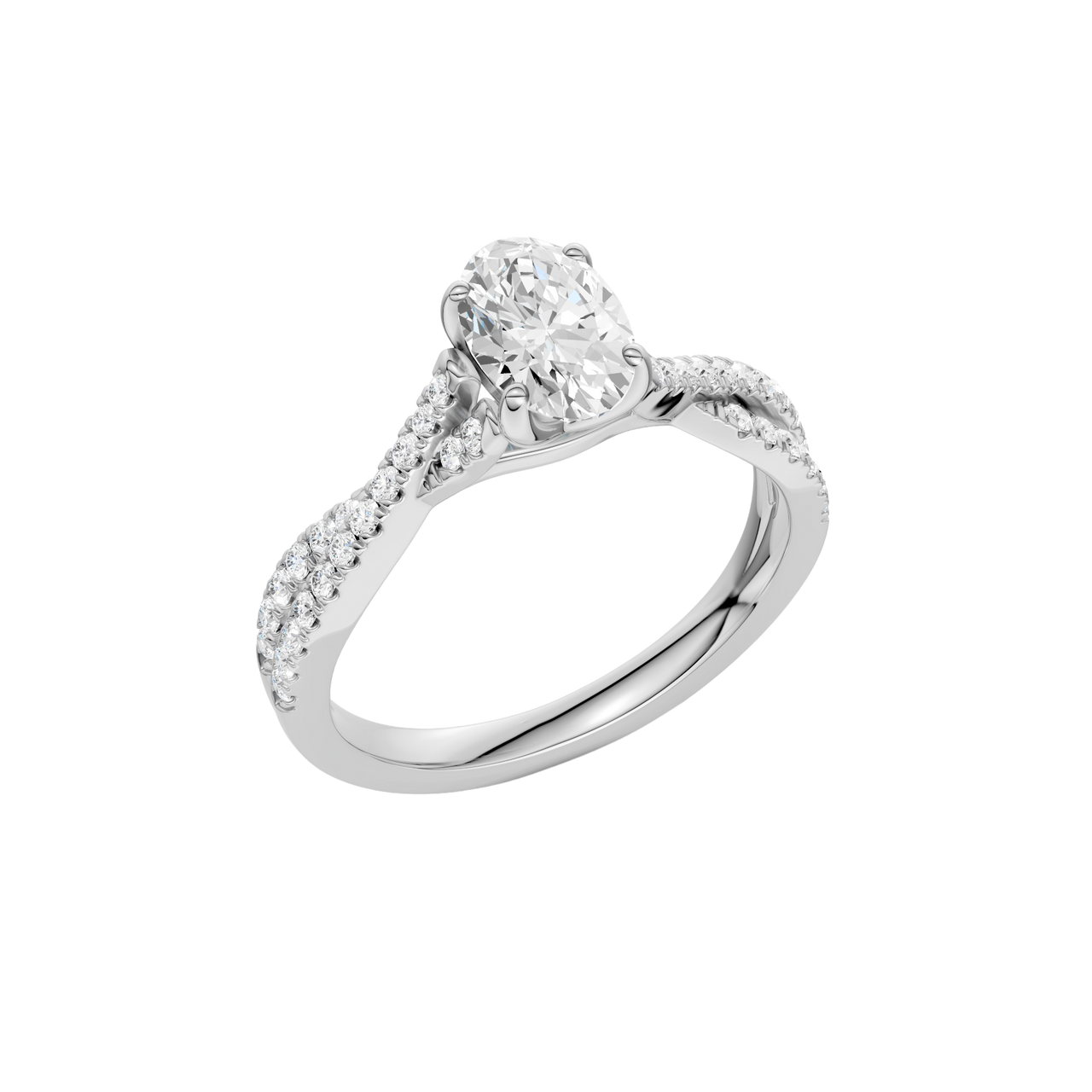 An angled view of 14K white gold Amorati Vignette oval diamond solitaire with prong setting and diamond band
