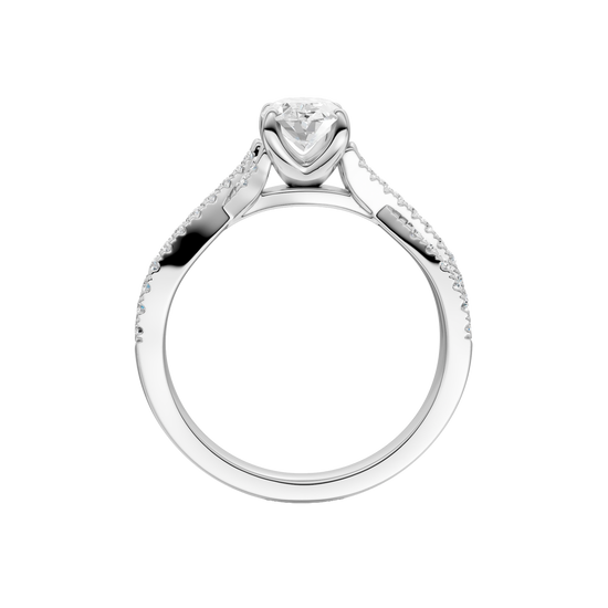 A side profile view of 14K white gold Amorati Vignette oval diamond solitaire with prong setting and diamond band