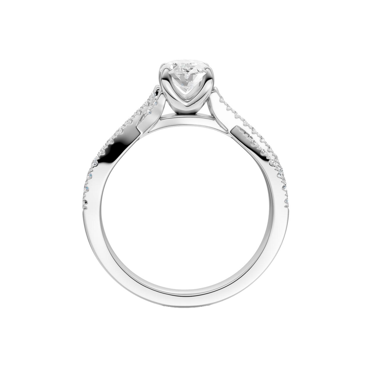 A side profile view of 14K white gold Amorati Vignette oval diamond solitaire with prong setting and diamond band