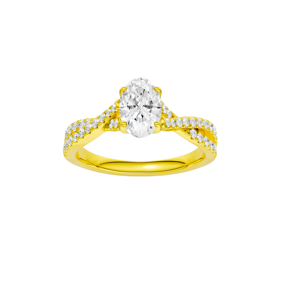 A top view of 14K yellow gold Amorati Vignette oval diamond solitaire with prong setting and diamond band