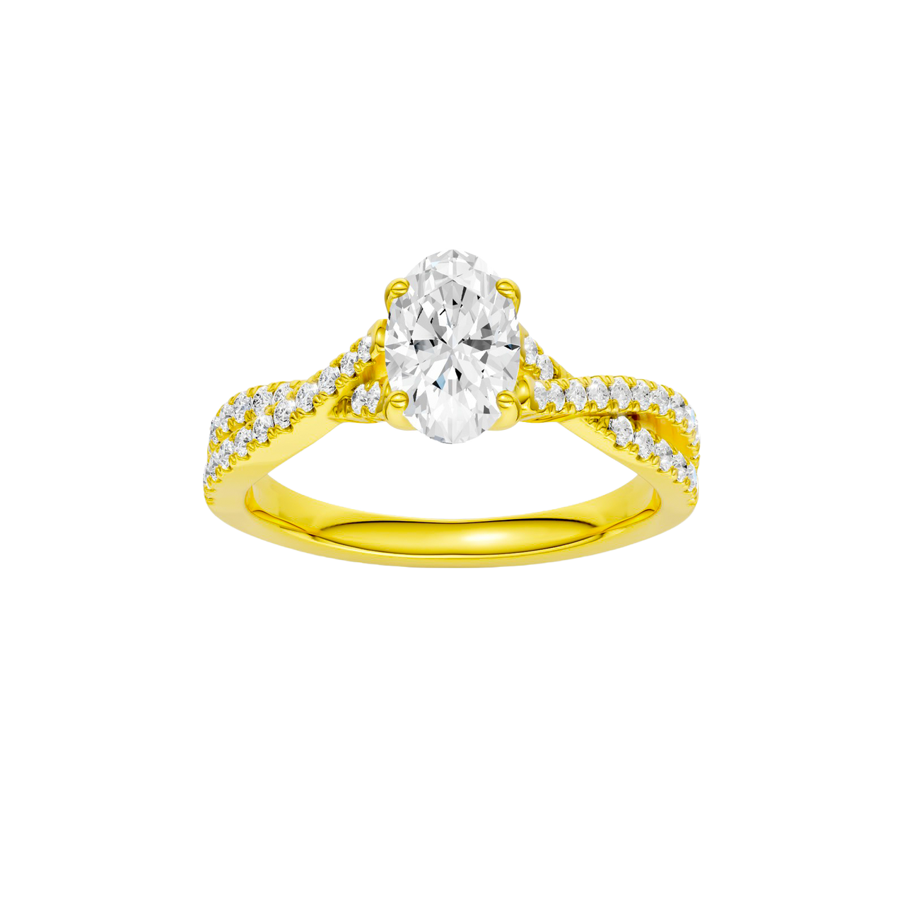 A top view of 14K yellow gold Amorati Vignette oval diamond solitaire with prong setting and diamond band