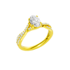 An angled view of 14K yellow gold Amorati Vignette oval diamond solitaire with prong setting and diamond band