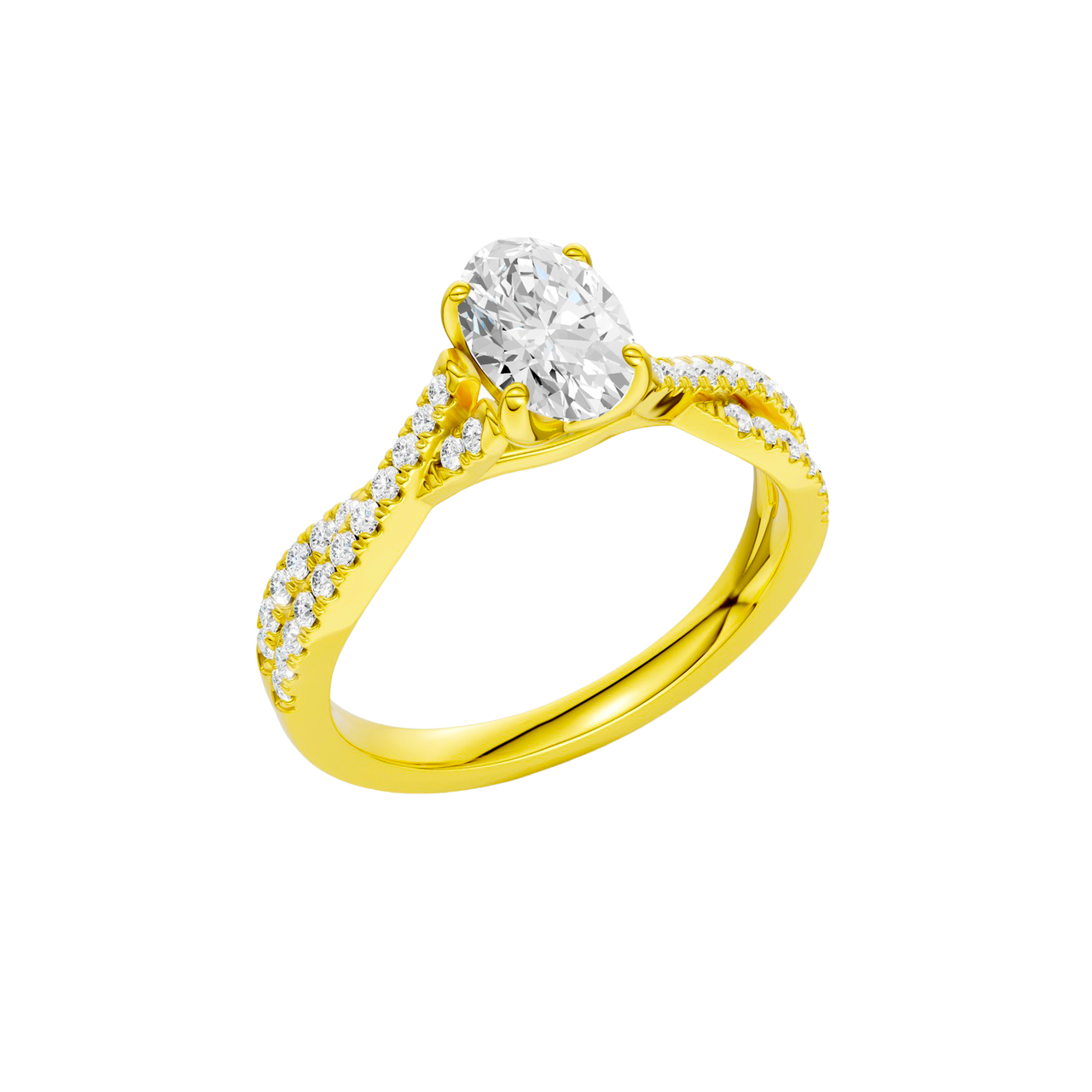 An angled view of 14K yellow gold Amorati Vignette oval diamond solitaire with prong setting and diamond band