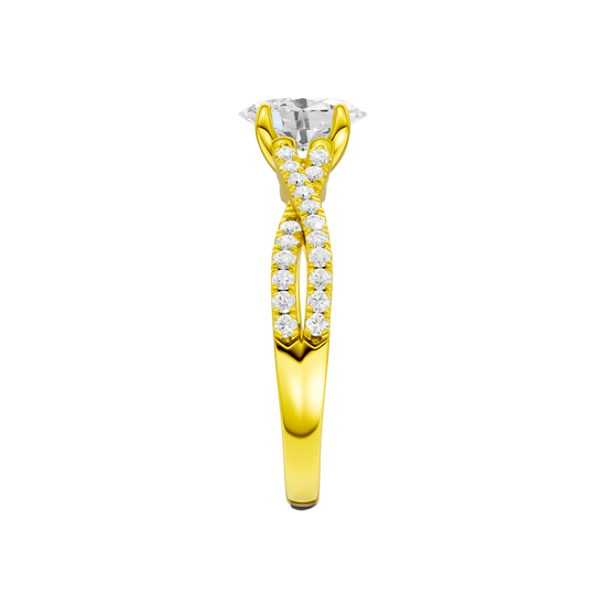 A side view of 14K yellow gold Amorati Vignette oval diamond solitaire with prong setting and diamond band