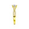 A side view of 14K yellow gold Amorati Vignette oval diamond solitaire with prong setting and diamond band