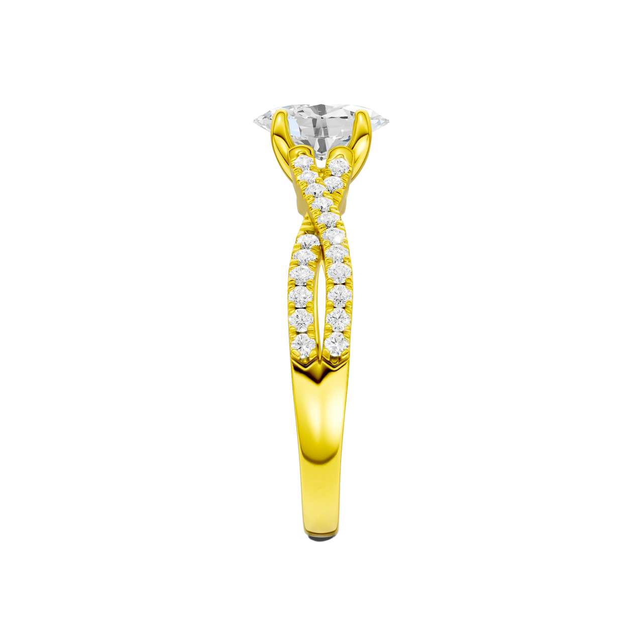 A side view of 14K yellow gold Amorati Vignette oval diamond solitaire with prong setting and diamond band
