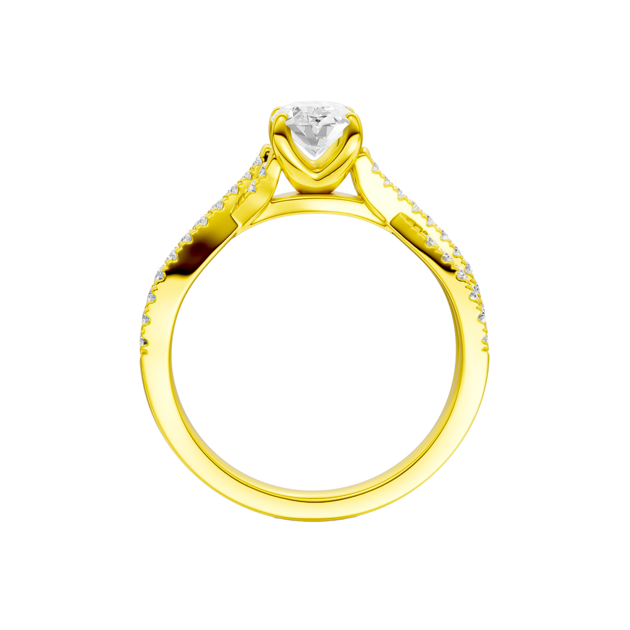 A side profile view of 14K yellow gold Amorati Vignette oval diamond solitaire with prong setting and diamond band