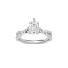 A top view of 14K white gold Amorati Vignette pear diamond solitaire with prong setting and diamond band