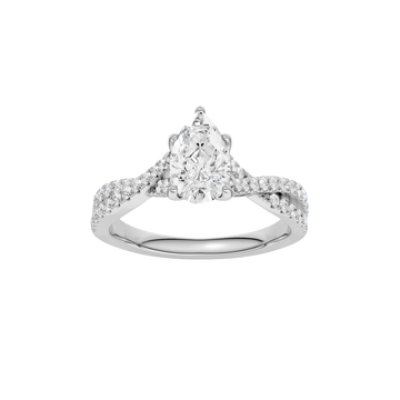 A top view of 14K white gold Amorati Vignette pear diamond solitaire with prong setting and diamond band