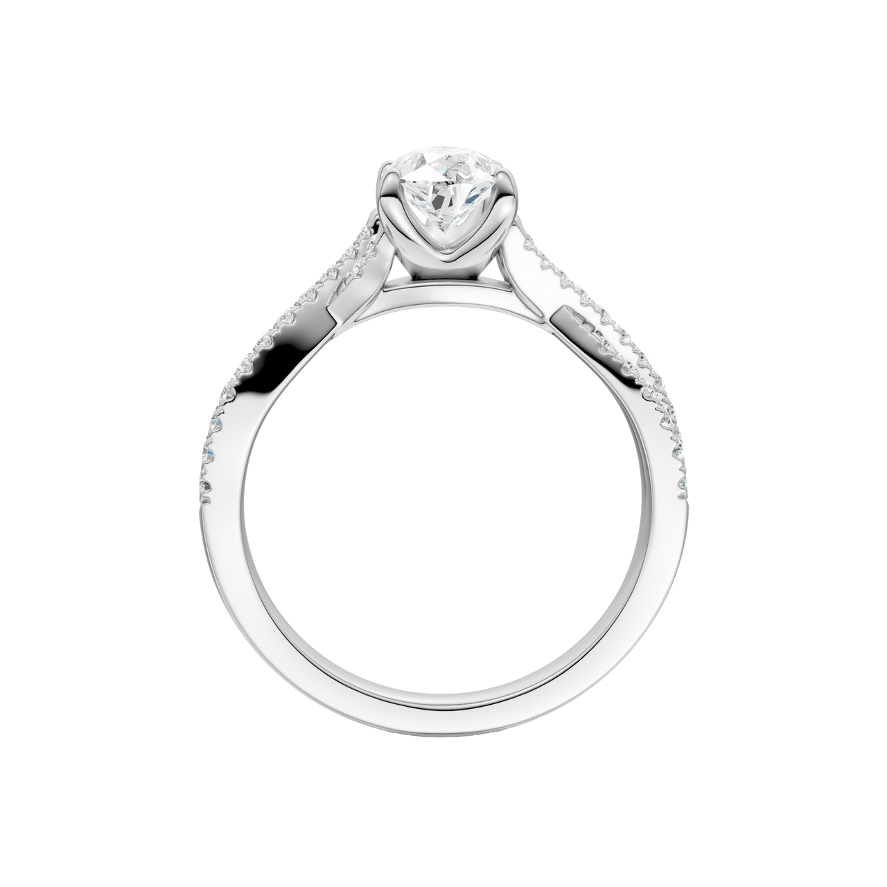 A side profile view of 14K white gold Amorati Vignette pear diamond solitaire with prong setting and diamond band
