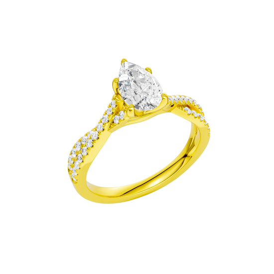 An angled view of 14K yellow gold Amorati Vignette pear diamond solitaire with prong setting and diamond band