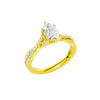 An angled view of 14K yellow gold Amorati Vignette pear diamond solitaire with prong setting and diamond band