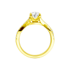 A side profile view of 14K yellow gold Amorati Vignette pear diamond solitaire with prong setting and diamond band