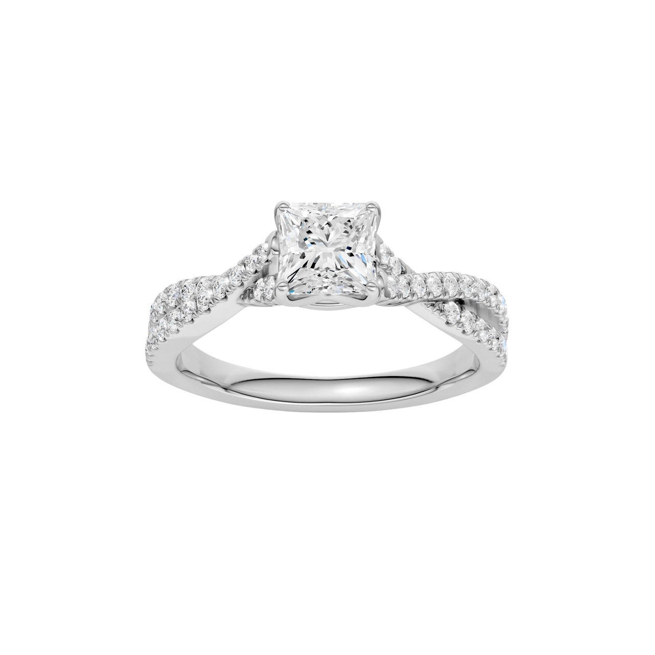 A top view of 14K white gold Amorati Vignette princess diamond solitaire with prong setting and diamond band