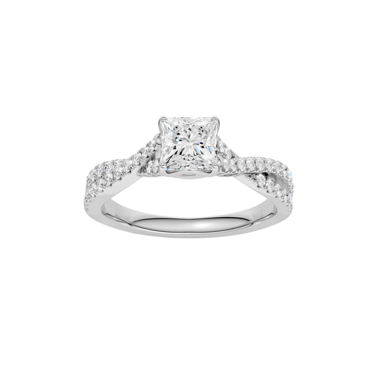 A top view of 14K white gold Amorati Vignette princess diamond solitaire with prong setting and diamond band