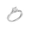 An angled view of 14K white gold Amorati Vignette princess diamond solitaire with prong setting and diamond band