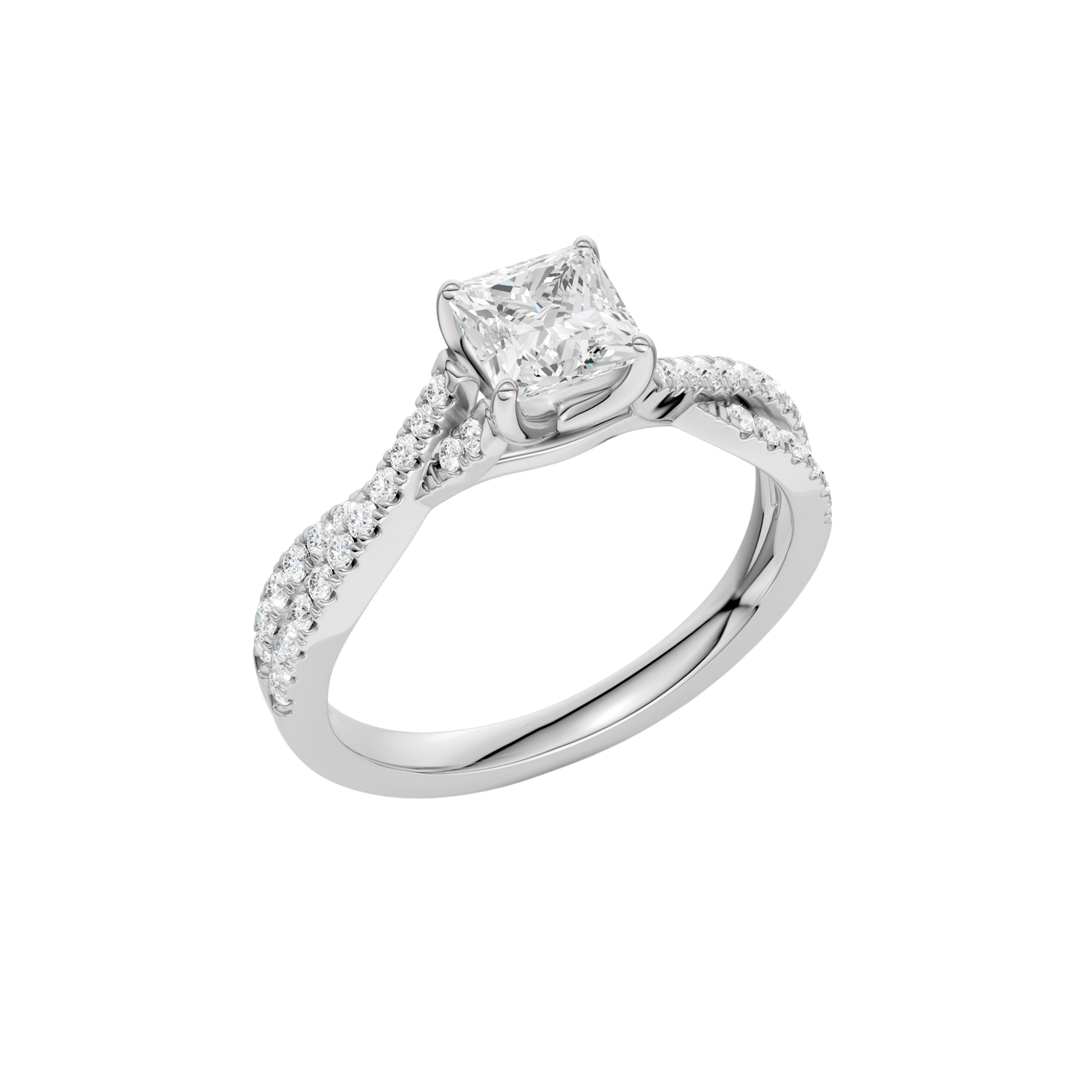 An angled view of 14K white gold Amorati Vignette princess diamond solitaire with prong setting and diamond band