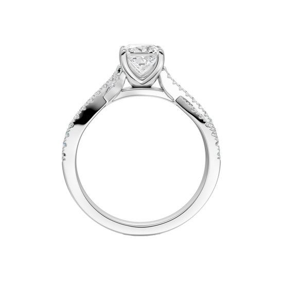 A side profile of 14K white gold Amorati Vignette princess diamond solitaire with prong setting and diamond band