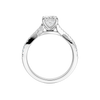 A side profile of 14K white gold Amorati Vignette princess diamond solitaire with prong setting and diamond band