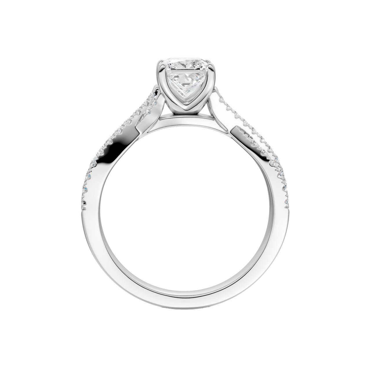 A side profile of 14K white gold Amorati Vignette princess diamond solitaire with prong setting and diamond band
