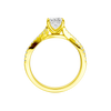 A side profile of 14K yellow gold Amorati Vignette princess diamond solitaire with prong setting and diamond band
