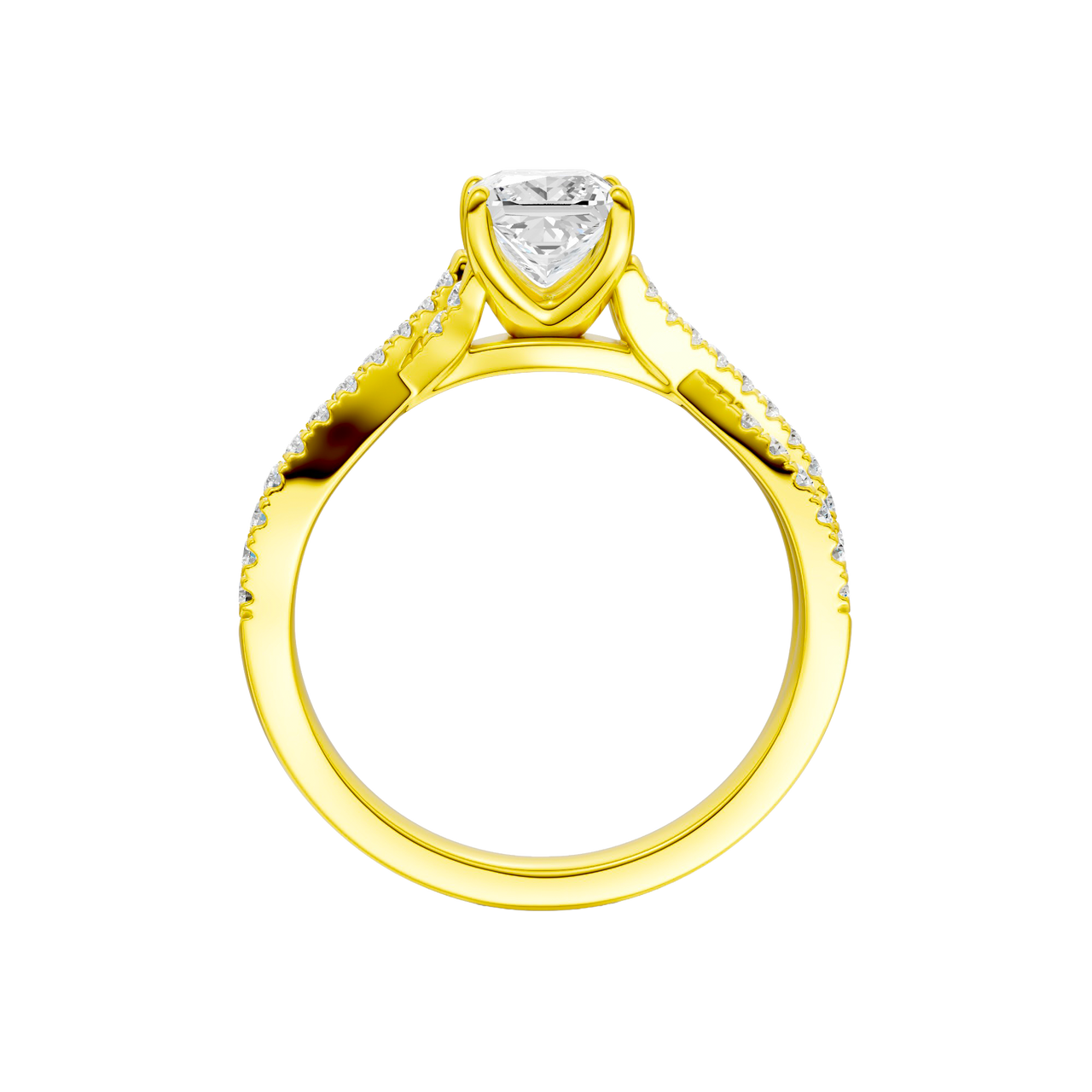 A side profile of 14K yellow gold Amorati Vignette princess diamond solitaire with prong setting and diamond band