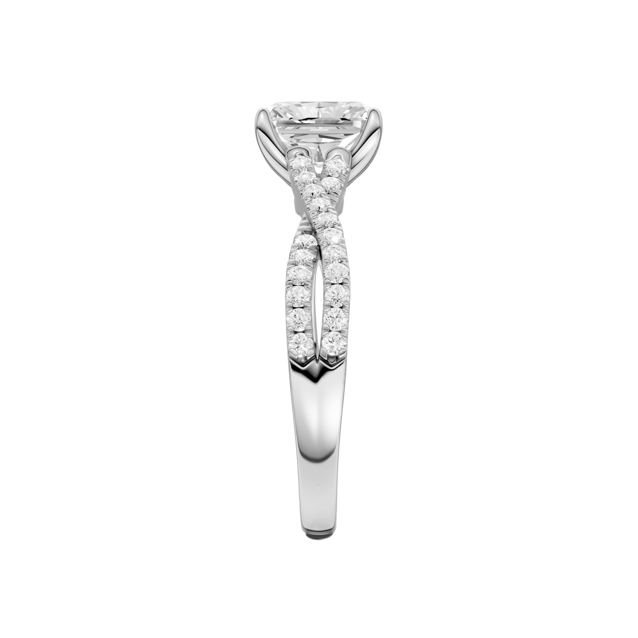 A side view of the 14K white gold Amorati Vignette Radiant Diamond Band Solitaire