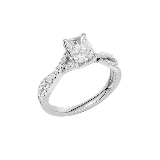 An angled view of the 14K white gold Amorati Vignette Radiant Diamond Band Solitaire