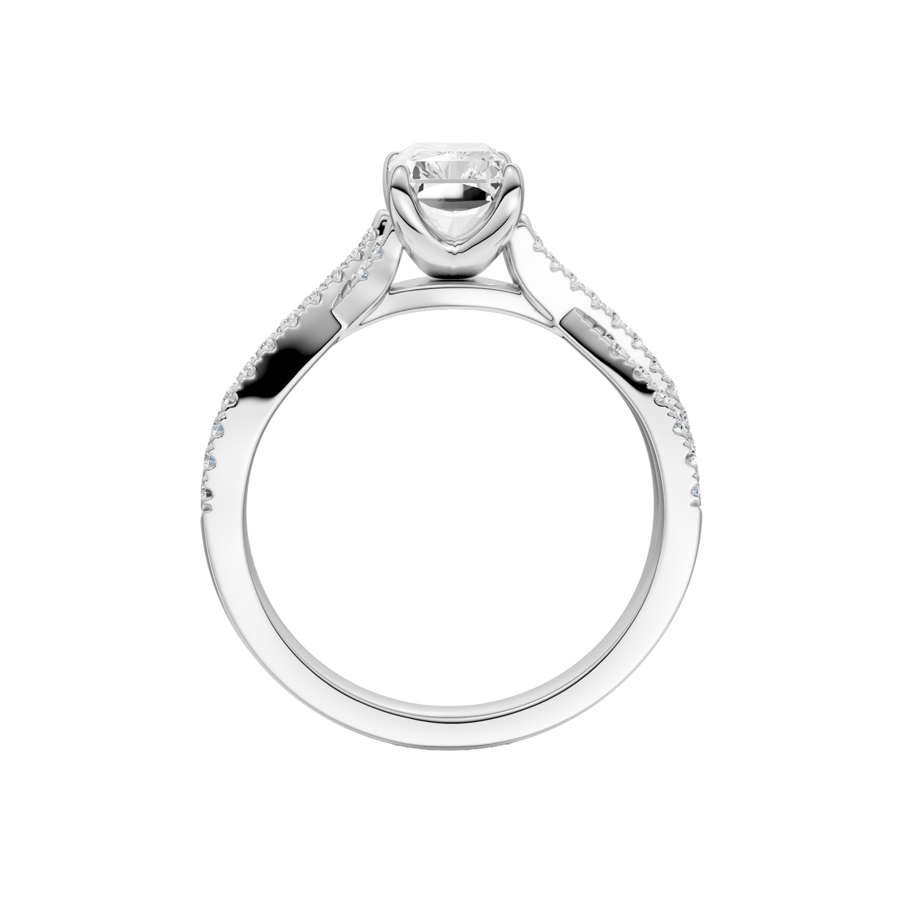 A side profile view of the 14K white gold Amorati Vignette Radiant Diamond Band Solitaire