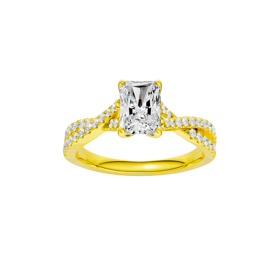 A top view of the 14K yellow gold Amorati Vignette Radiant Diamond Band Solitaire