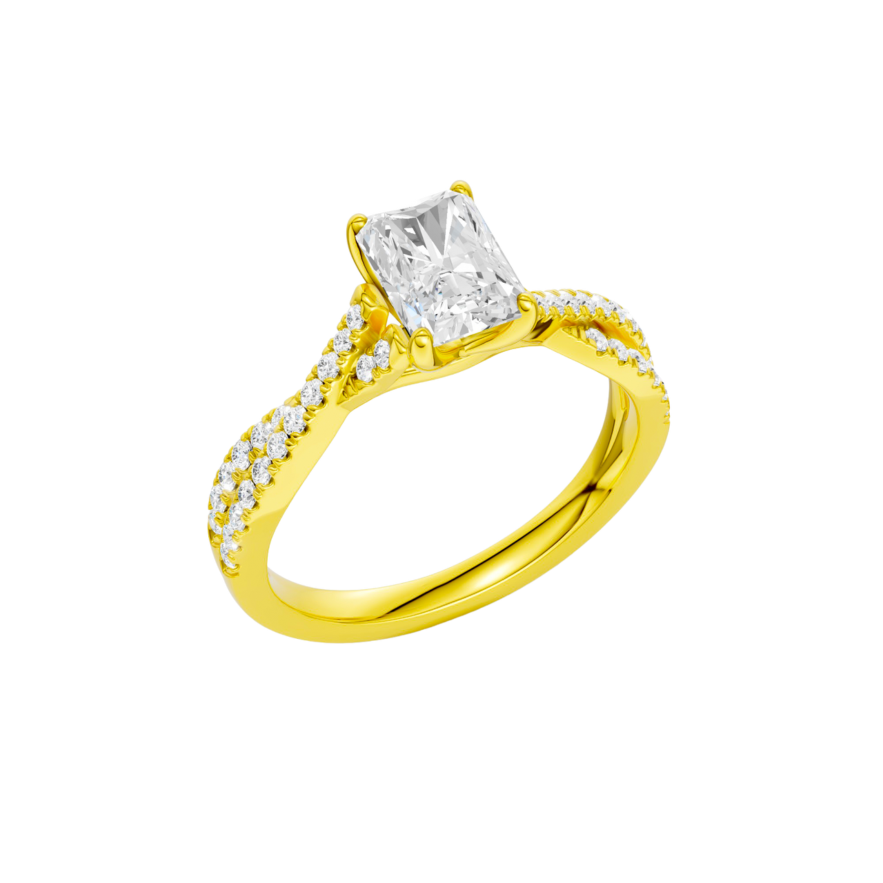An angled view of the 14K yellow gold Amorati Vignette Radiant Diamond Band Solitaire