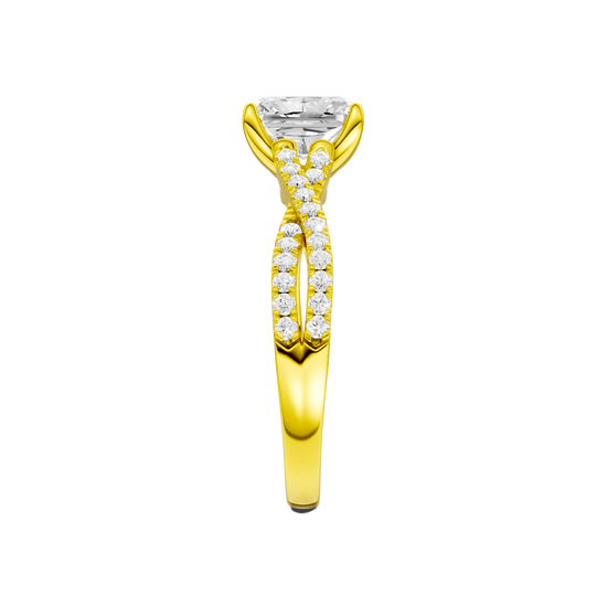 A side view of the 14K yellow gold Amorati Vignette Radiant Diamond Band Solitaire
