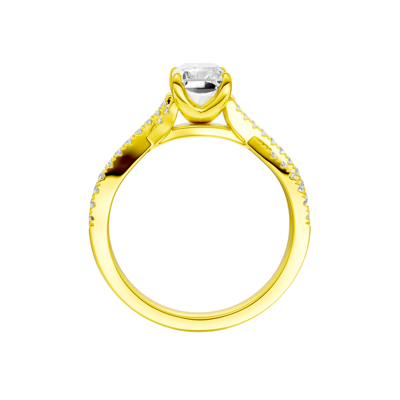 A side profile view of the 14K yellow gold Amorati Vignette Radiant Diamond Band Solitaire