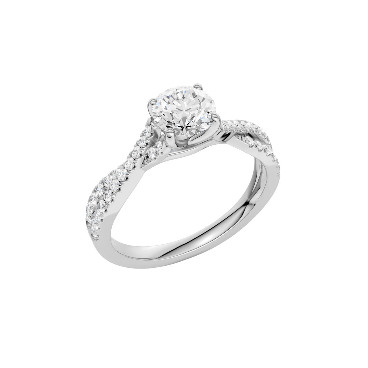 An angled view of the 14K white gold Amorati Vignette Round Diamond Band Solitaire
