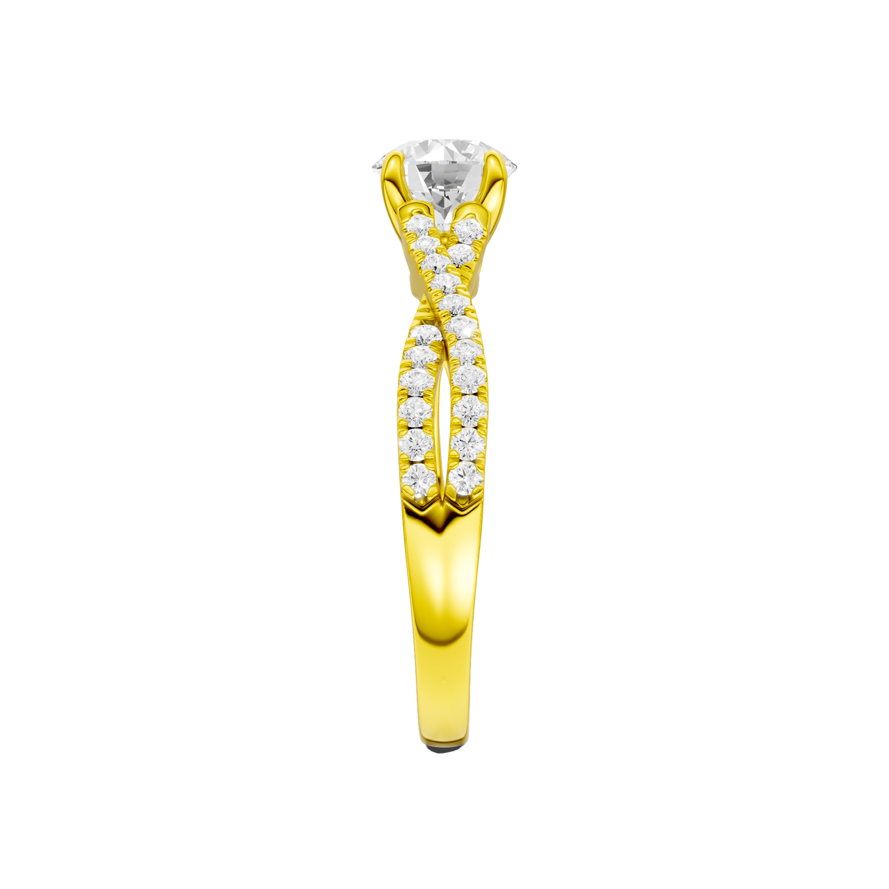 A side view of the 14K yellow gold Amorati Vignette Round Diamond Band Solitaire