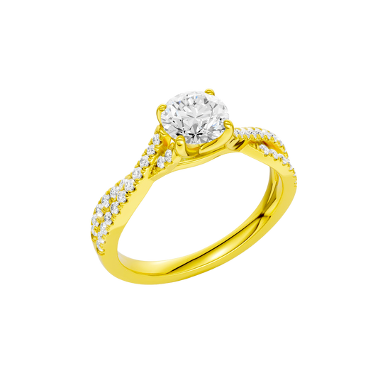 An angled view of the 14K yellow gold Amorati Vignette Round Diamond Band Solitaire
