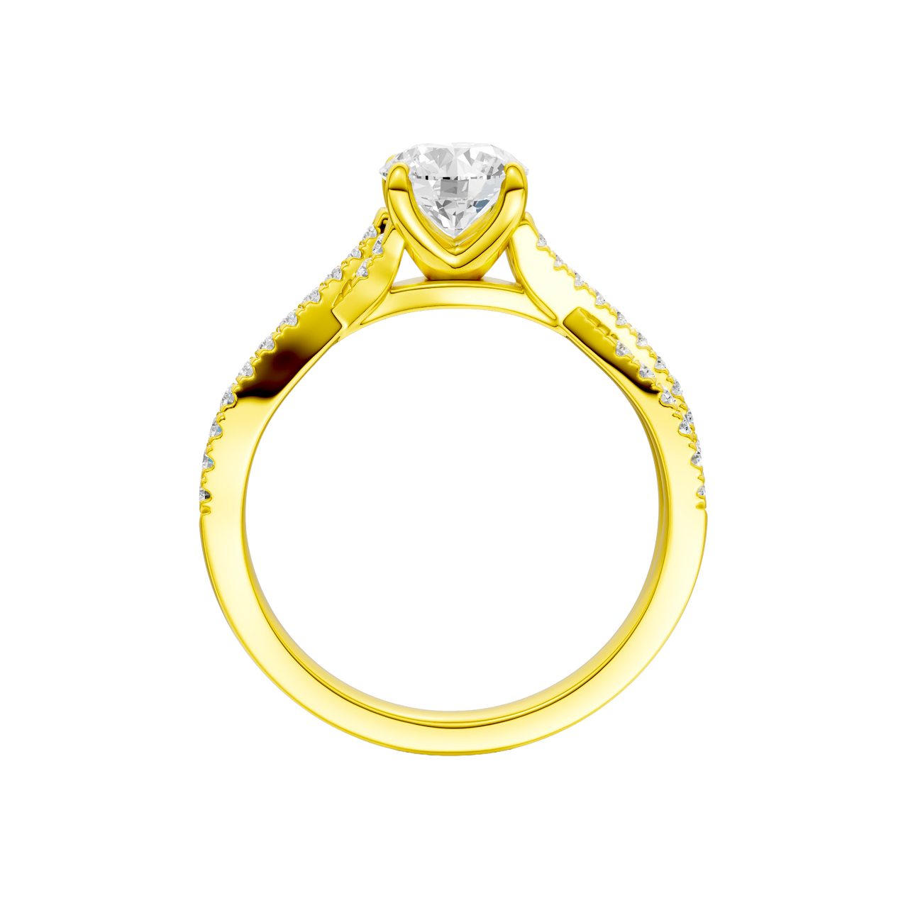 A side profile view of the 14K yellow gold Amorati Vignette Round Diamond Band Solitaire