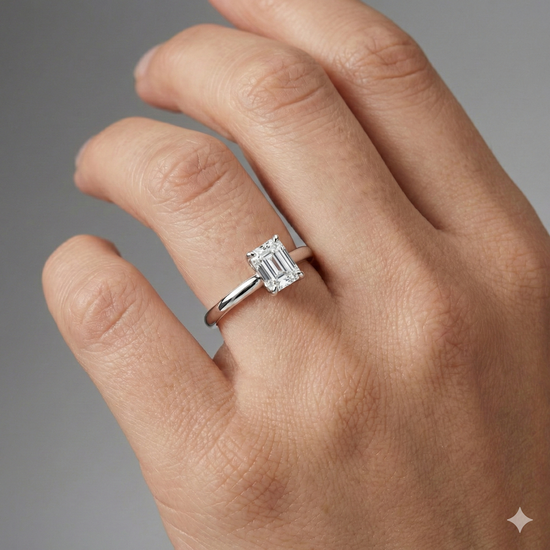 Emerald cut diamond engagement ring in 14k white gold with a plain band and solitaire setting on a hand