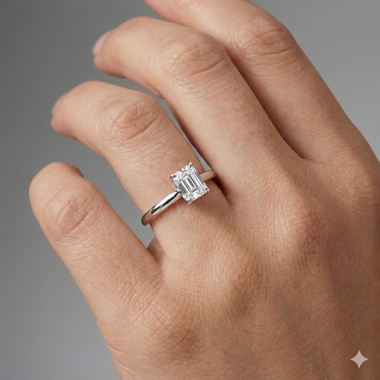 Emerald cut diamond engagement ring in 14k white gold with a plain band and solitaire setting on a hand