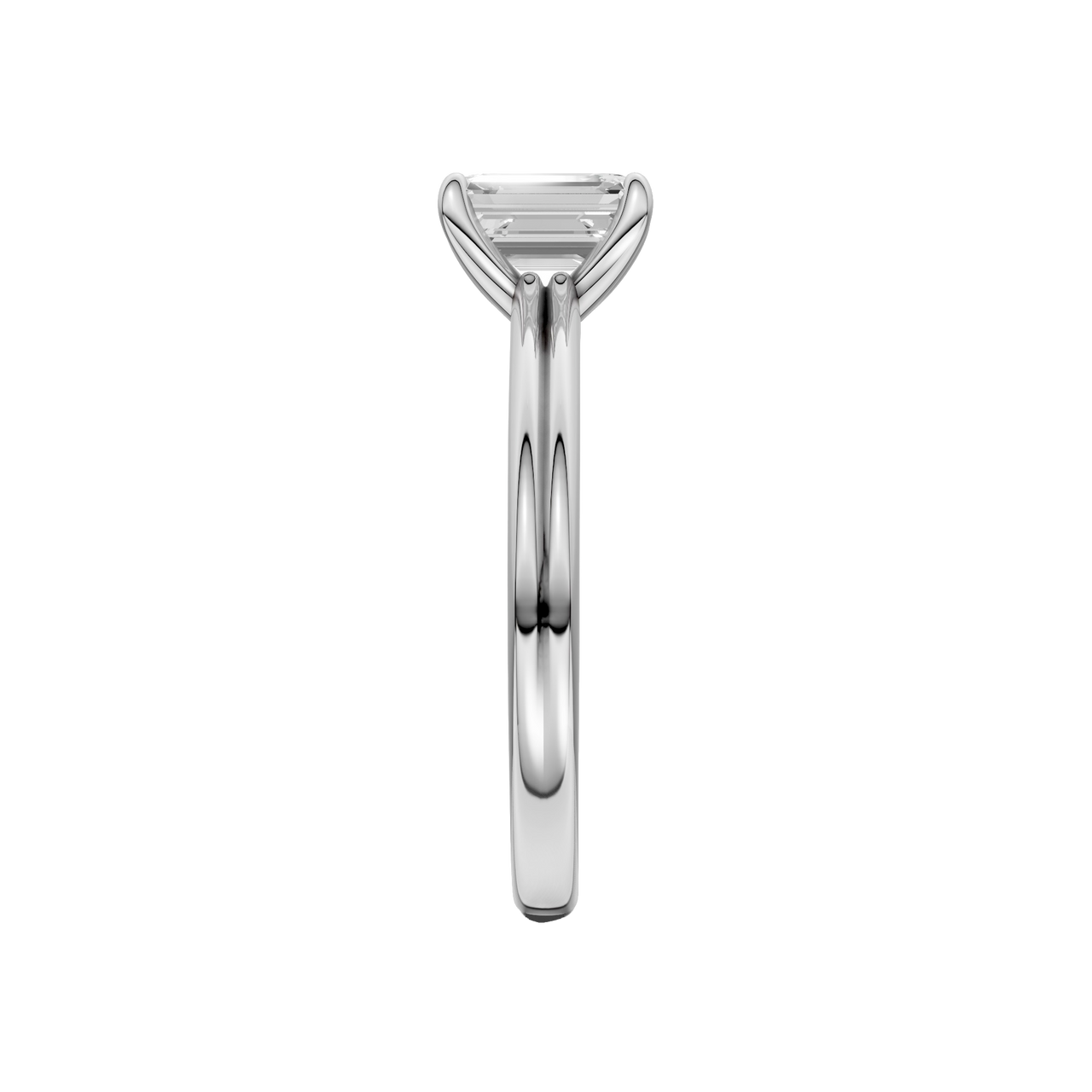A side view of the Emerald cut diamond engagement ring in platinum with a plain band and solitaire setting