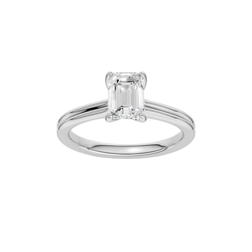 A front view of the Emerald cut diamond engagement ring in 14k white gold with a plain band and solitaire setting