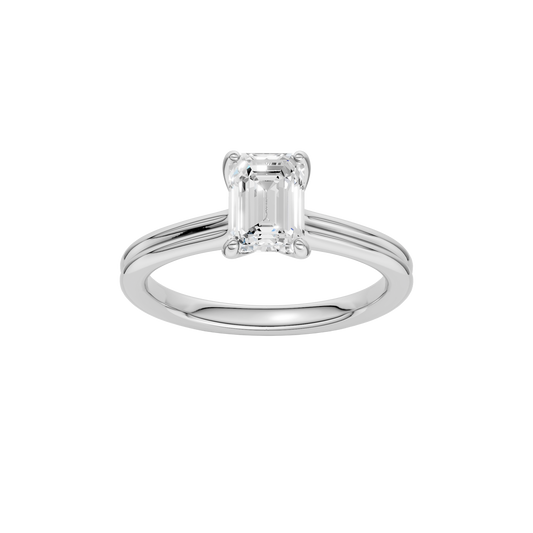 A front view of the Emerald cut diamond engagement ring in 14k white gold with a plain band and solitaire setting
