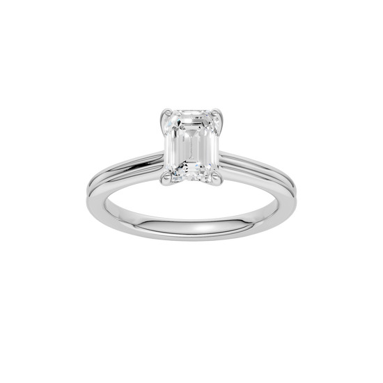 A front view of the Emerald cut diamond engagement ring in platinum with a plain band and solitaire setting