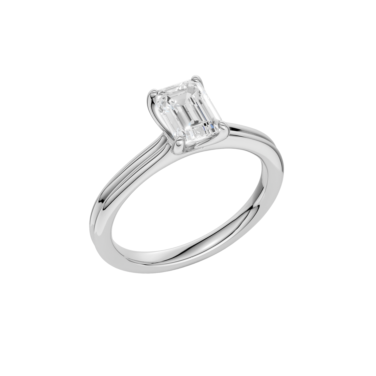 An angled view of the Emerald cut diamond engagement ring in 14k white gold with a plain band and solitaire setting