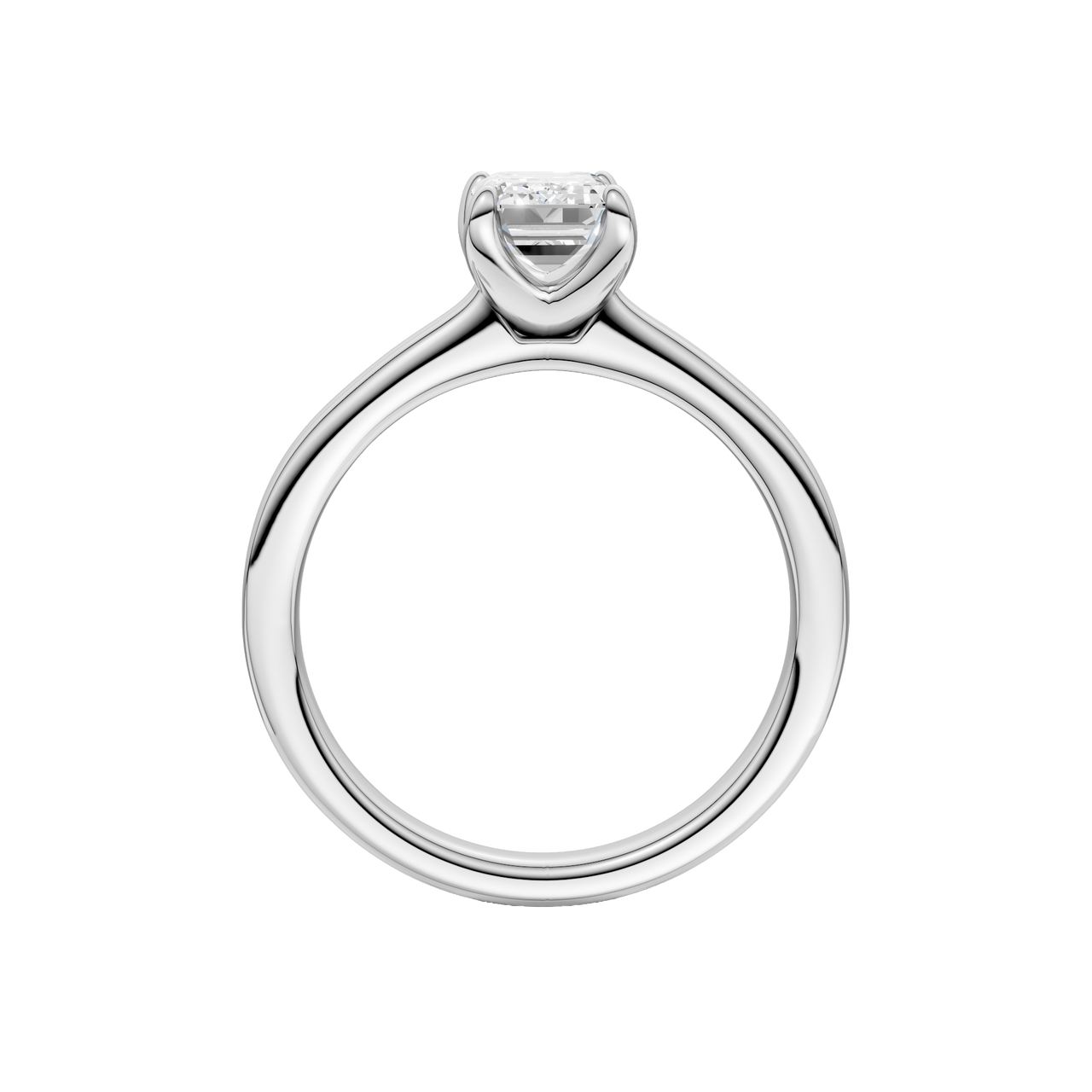 A profile view of the Emerald cut diamond engagement ring in 14k white gold with a plain band and solitaire setting