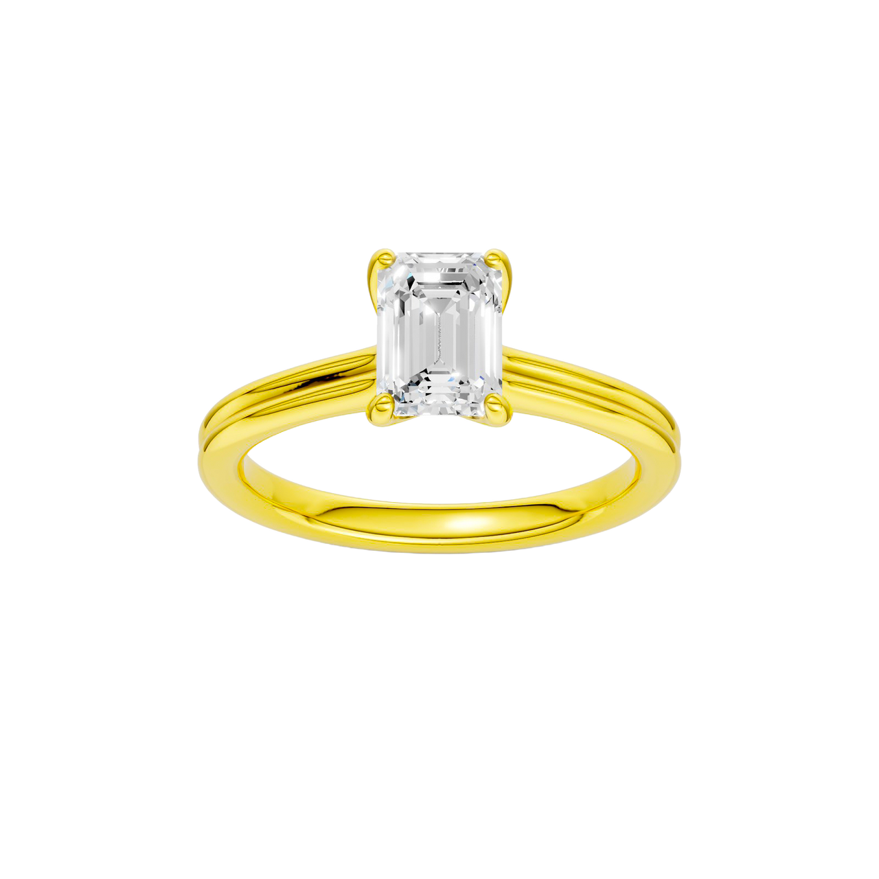 A front view of the Emerald cut diamond engagement ring in 14k yellow gold with a plain band and solitaire setting