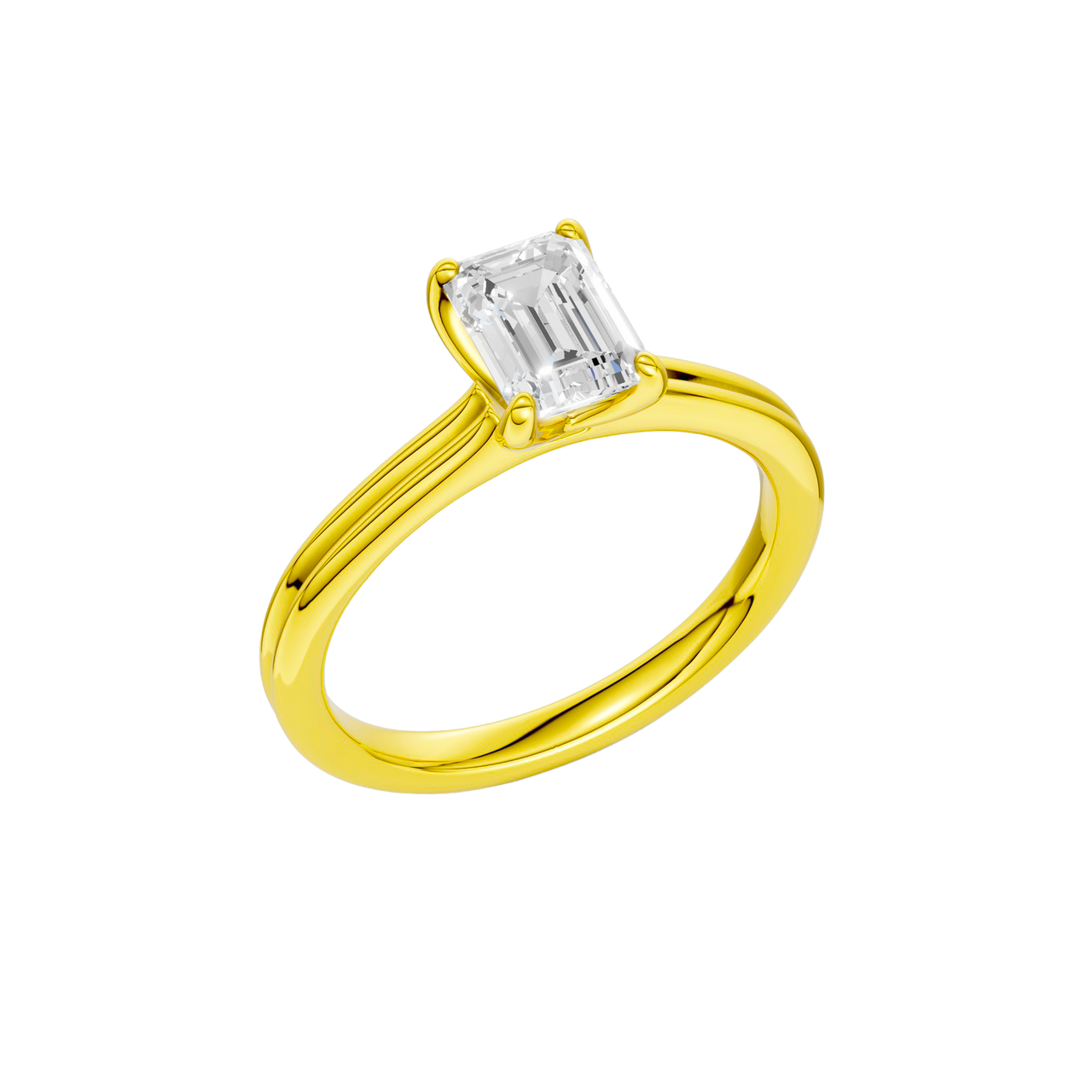 An angled view of the Emerald cut diamond engagement ring in 14k yellow gold with a plain band and solitaire setting